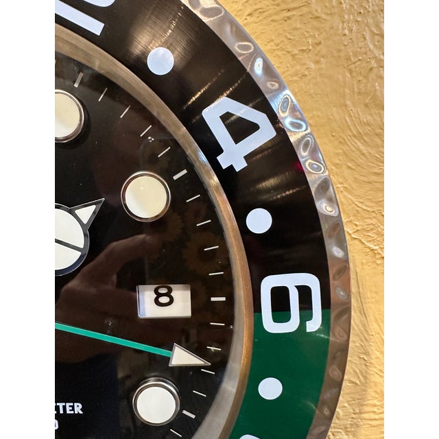 Mid-Century Modern Vintage Black Silver and Green Rolex Display Wall Clock For Sale - Image 3 of 15