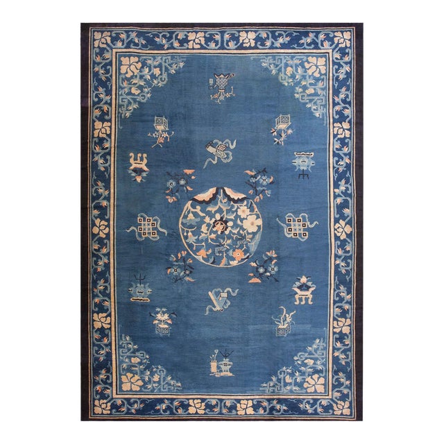 Extraordinary Blue Color With Delicate Flower Design Antique Chinese Peking Rug For Sale