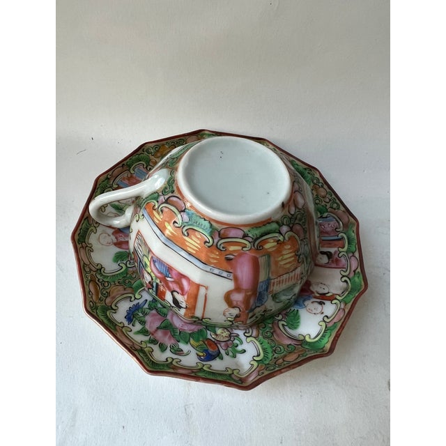 Green 19th Century Chinese Famille Rose Medallion Eggshell Porcelain Cup & Saucer Set- 2 Pieces For Sale - Image 8 of 13