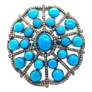 Bochic “Orient” Diamond & Turquoise Retro Ring Set In 18K Gold & Silver For Sale