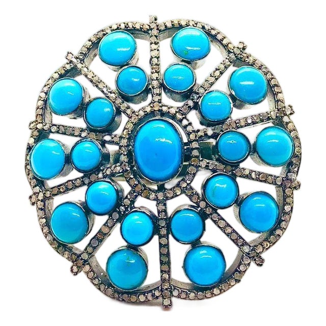 Bochic “Orient” Diamond & Turquoise Retro Ring Set In 18K Gold & Silver For Sale