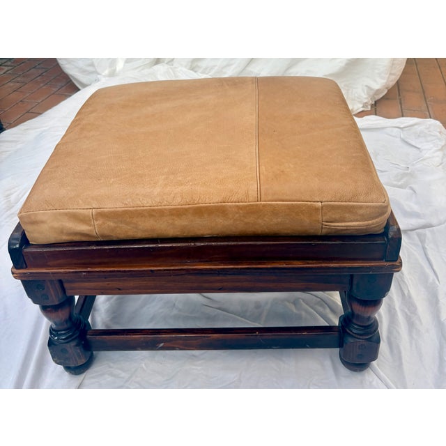 Wood Ethan Allan Heirloom Collection Leather and Solid Wood in Nutmeg Finish Footstool For Sale - Image 7 of 13