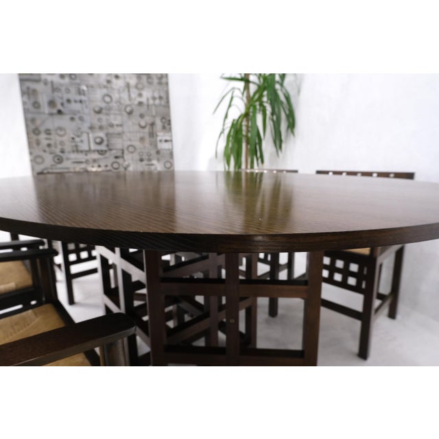 Late 20th Century Brown Oak Cassina Macintosh Drop Leaf Dining Table 6 Rush Seat Chairs Set Mint For Sale - Image 17 of 18
