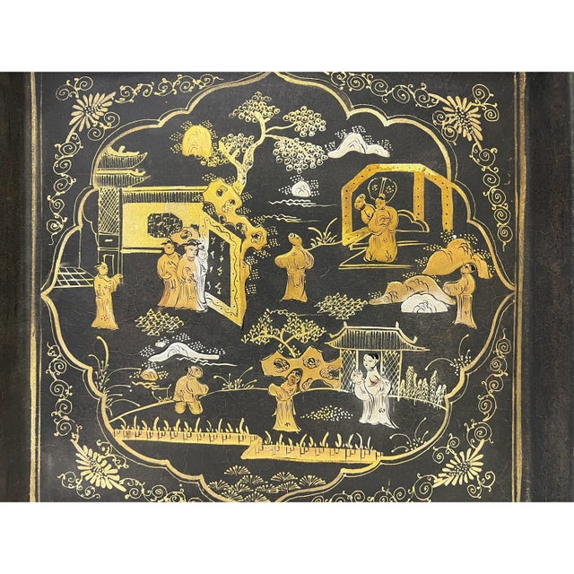 2010s Chinoiserie Golden Graphic Black Lacquer Square Display Disc Plate Tray For Sale - Image 5 of 6