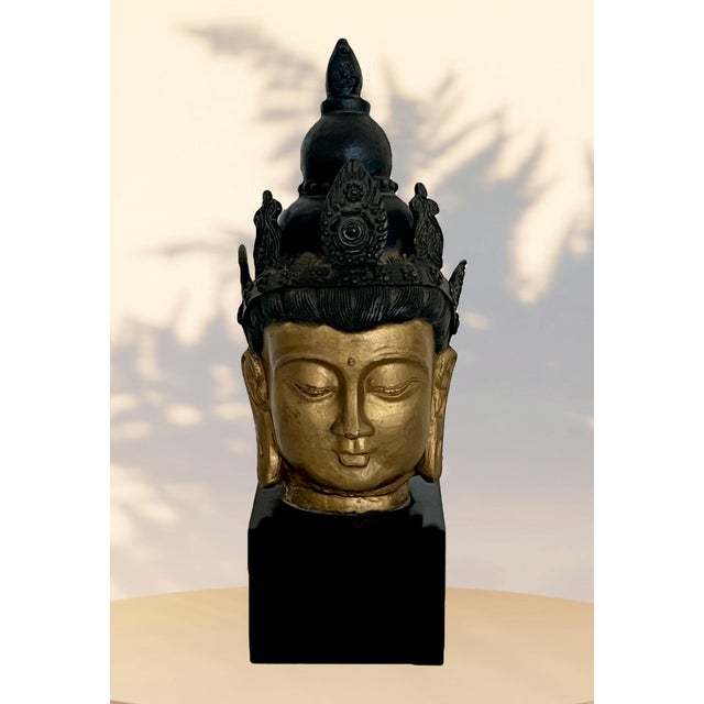 Mounted Asian Gold Buddha Head on Black Pedestal For Sale - Image 9 of 10