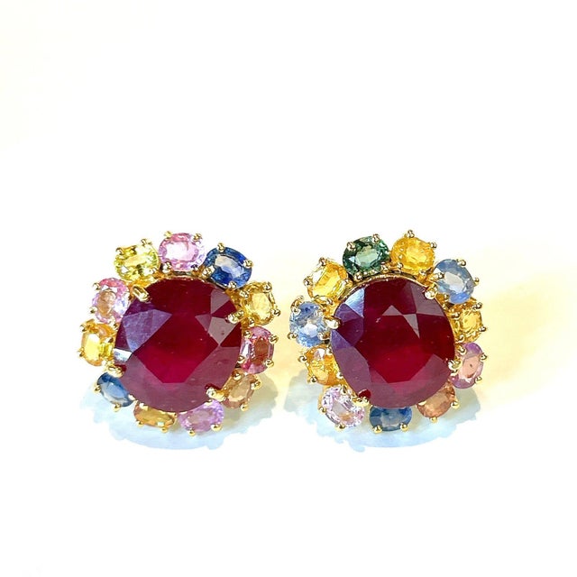 Bochic "Orient" Fancy Sapphire & Ruby Earrings Set 18K Gold&Silver For Sale - Image 13 of 18