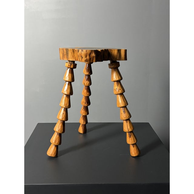 Mid-Century Brutalist French Artisanal Handmade Wood Turned Tripod Stool, 1960s For Sale - Image 9 of 17