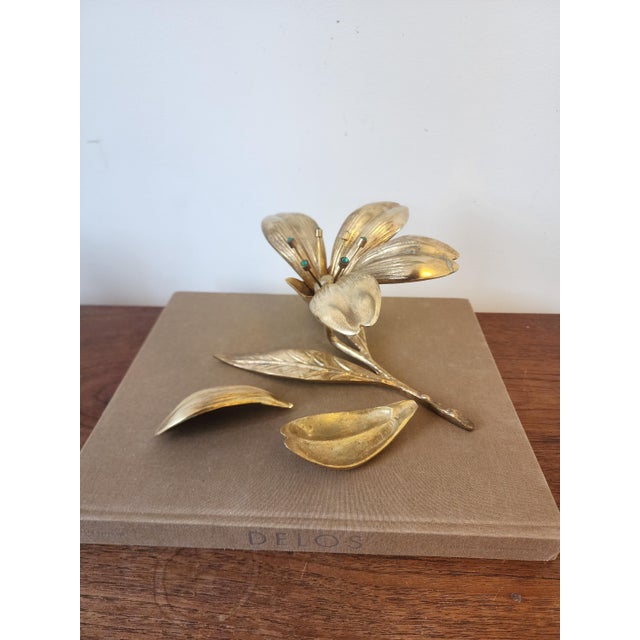 Vintage Italian Gilt Brass Flower Candle Holder Hollywood Regency Floral Centerpiece Gold Metal Lily Sculpture Decor For Sale - Image 10 of 16