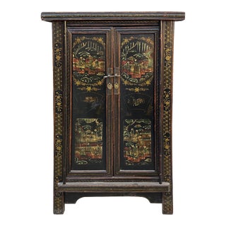 Chinese Vintage Distressed Color Scenery Graphic Dresser Cabinet For Sale