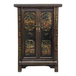 Chinese Vintage Distressed Color Scenery Graphic Dresser Cabinet