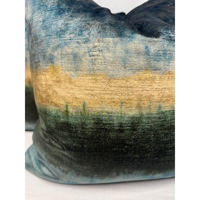 Custom pair of 22" pillows covered in Kravet Couture "Izumu" velvet in color Aegean. These pillows have tapered corners to...