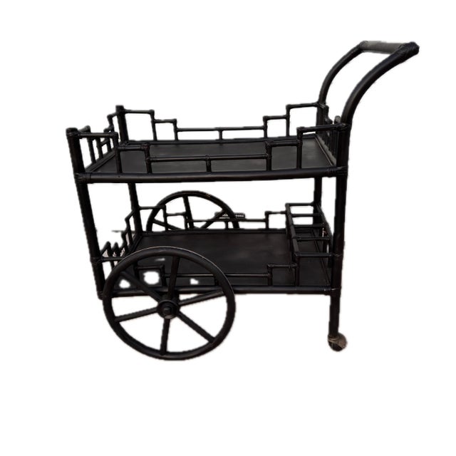 Chinoiserie Circa 1970s Vintage Chinoiserie Ebonized Rattan Bar Cart For Sale - Image 3 of 7