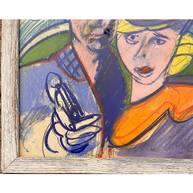 Blue Emilio Cruz, Cuban Artist Pastel Drawing African American Emilio Cruz Bonnie & Clyde Painting For Sale - Image 8 of 9