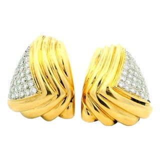 Vintage Italian 18k Gold & 3 Carat Diamond Sculptural Clip-on Earrings, Pair For Sale