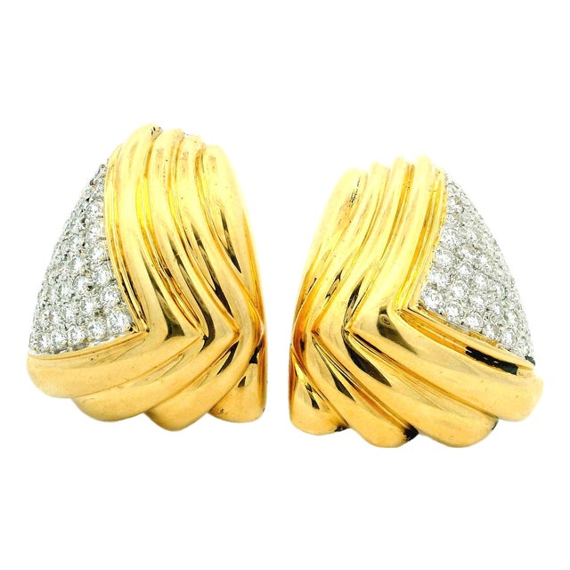 Vintage Italian 18k Gold & 3 Carat Diamond Sculptural Clip-on Earrings, Pair For Sale