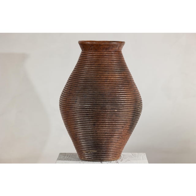 Ribbed Vintage Pottery Vase With Burnished Surface For Sale - Image 18 of 18