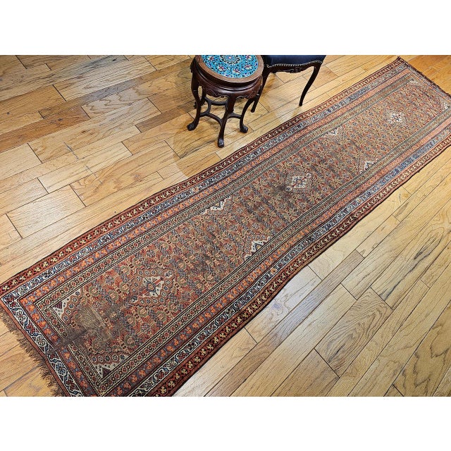 Textile Antique Persian Serab Camel Hair Runner Rug, Hand-Knotted Wool, Geometric Pattern, Red & Green, 3x13 For Sale - Image 7 of 17