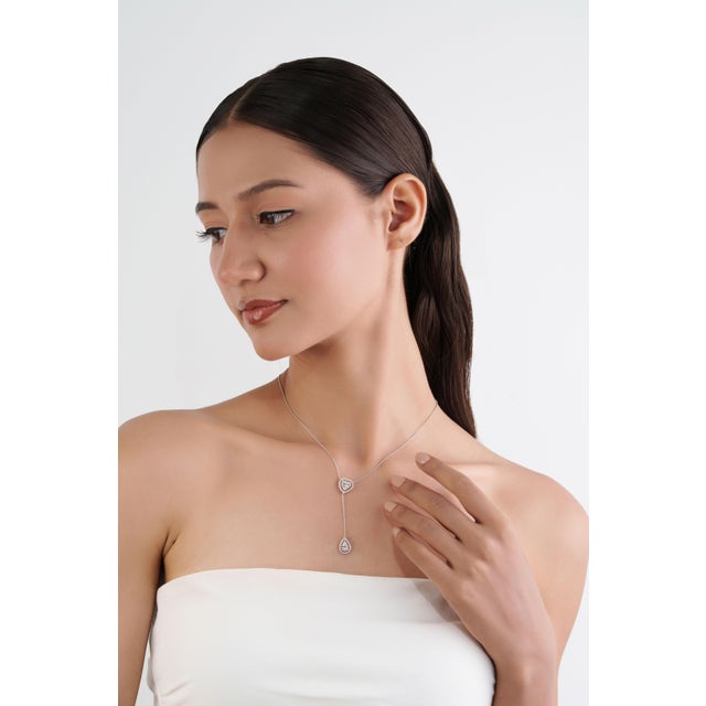 Diamond Halo Heart & Teardrop Lariat Necklace in 14k White Gold, 16 Inches For Sale - Image 11 of 17