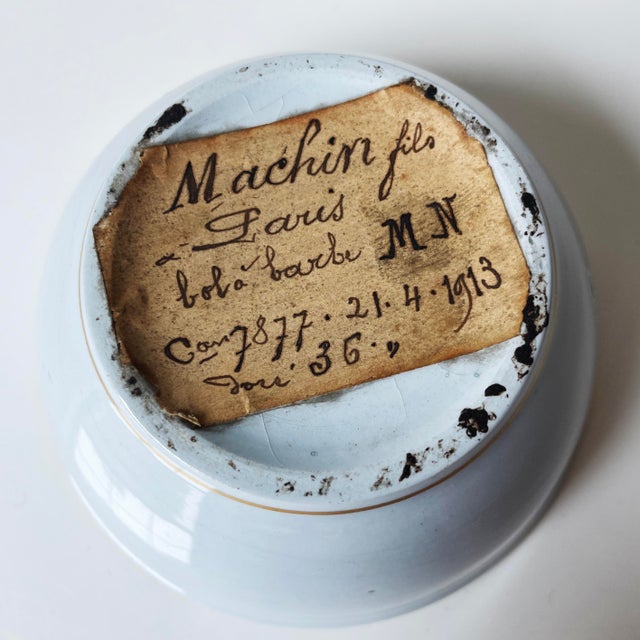 A beautiful antique apothecary bowl with gorgeous handwritten label on bottom - "Machin fils (brothers), Paris" Dated...
