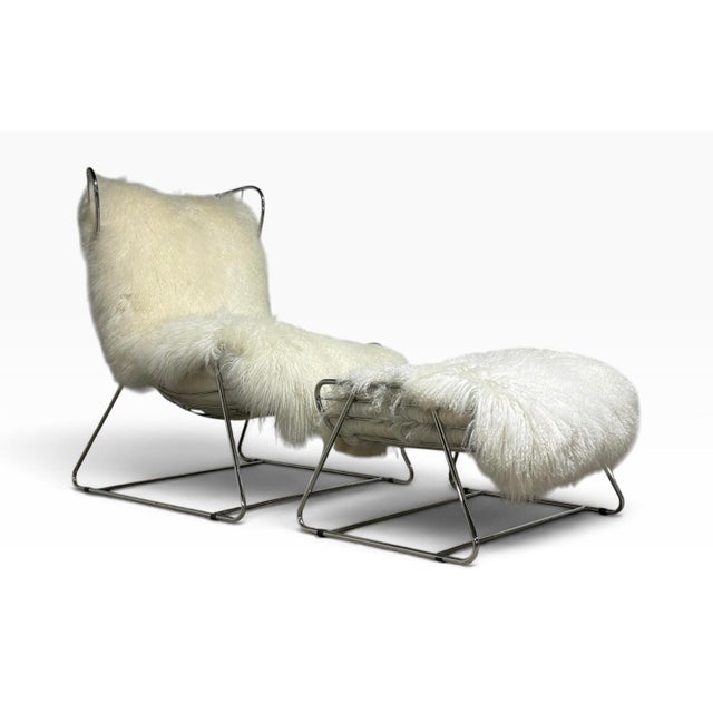Mitchell Gold + Bob Williams Polished Stainless Steel and Shearling Chair and Ottoman, 2000s For Sale - Image 4 of 9