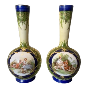 Pair of Antique Hand Painted Opaline Art Glass Courting Scene Vases