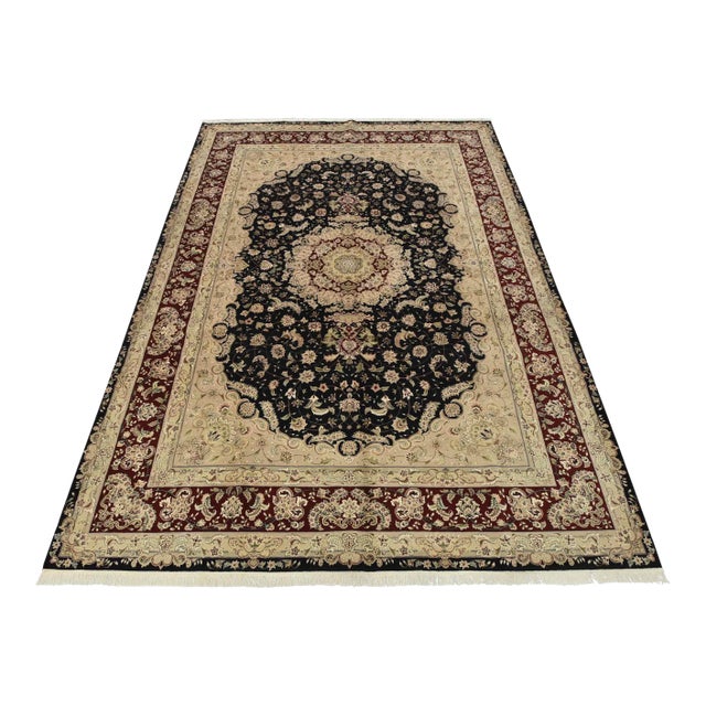 Tabriz Rug 10’2” X 14′ Black Wool/Silk Traditional Hand-Knotted Carpet For Sale