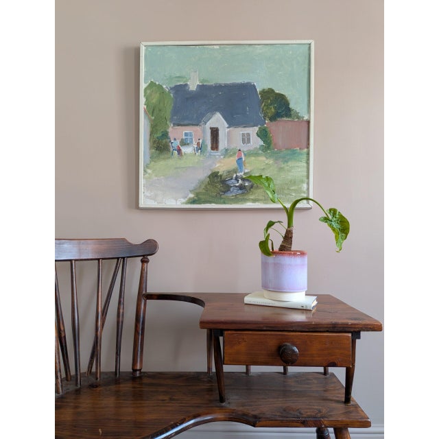 Mid-Century Modern Mid-Century Modern 'Cottage Garden Gathering' Vintage Original Landscape Oil Painting, Framed For Sale - Image 3 of 10