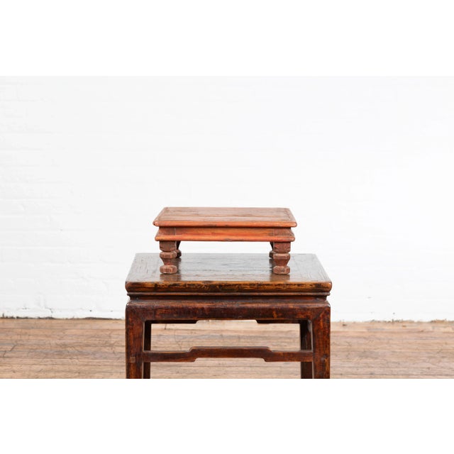 Indian Vintage Indian Low Wooden Prayer Table Stand with Carved Angular Legs For Sale - Image 3 of 13