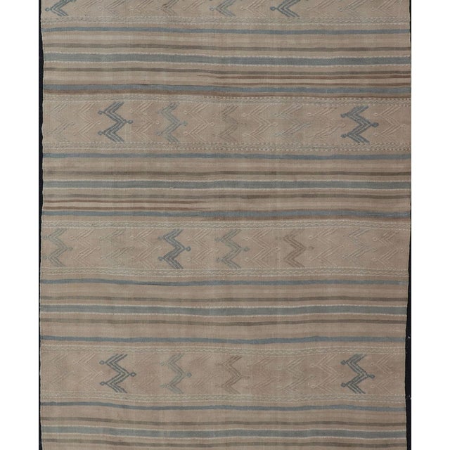 Tan Turkish Vintage Kilim With Embroidered Motifs in Light Tan, Blue L. Brown For Sale - Image 8 of 11