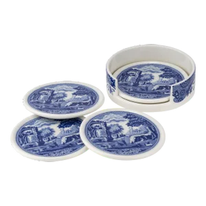 Spode Blue Italian Ceramic Coasters 4-Piece Set with Holder