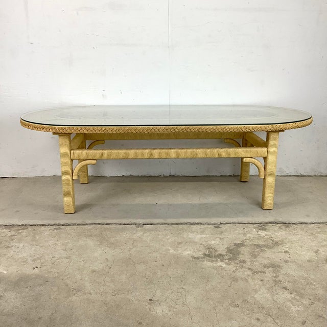 Late 20th Century Henry Link Style Oval Wicker Coffee Table With Glass