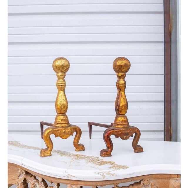 Gold Cast Iron Fireplace Andirons With Gold Enamel From the 1920's, Pair For Sale - Image 8 of 10