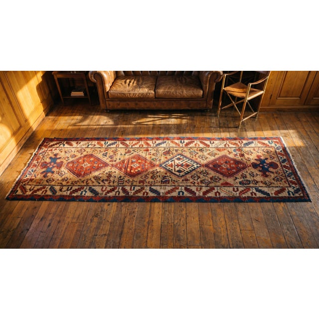 Late 19th Century 1890s Tan Camel Rhombus Antique Persian Serab Runner Rug 2'8" X 14'2" Handknotted Wool Carpet For Sale - Image 5 of 7