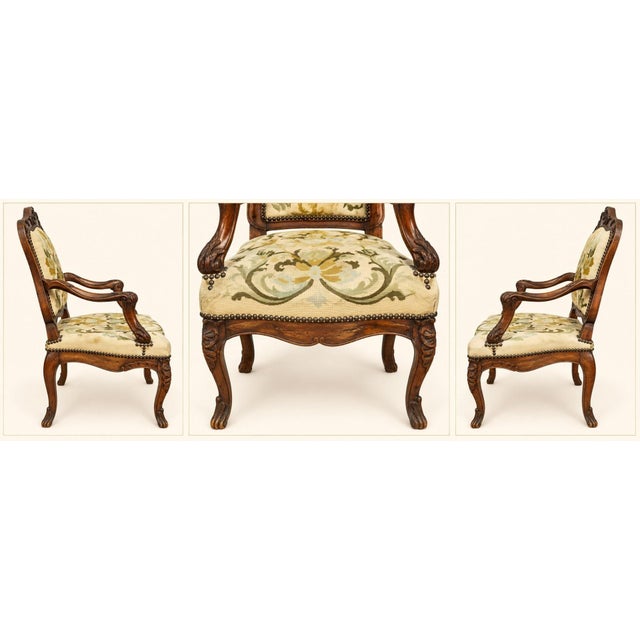 18th Century 18th Century Louis XV Cabriolet Armchair in Carved Walnut with Petit Point Tapestry For Sale - Image 5 of 8
