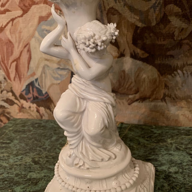 Beautiful pair of porcelain lamp shades white with women sitting on a base and some reliefs flowers Origine: Italy Circa:...