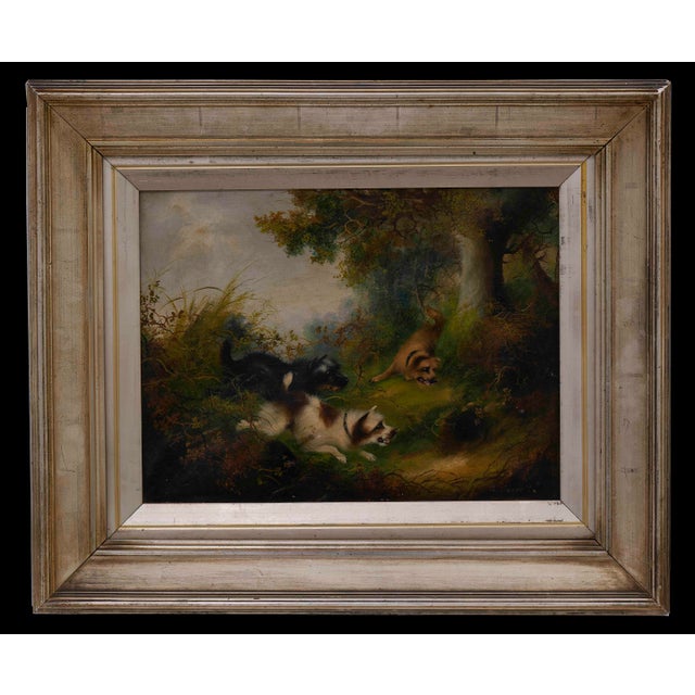 Frank Cassell Late 19th Century Woodland Landscape with Terriers on a Hunt Oil Paint on Canvas 12" x 16" unframed 20" x...