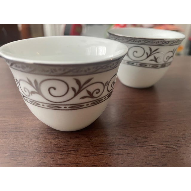 English 1990s Set of 5 German Fine Porcelain Demitasse Cups Gray Scroll Pattern For Sale - Image 3 of 8