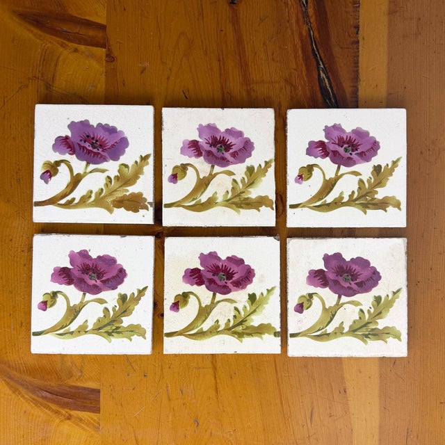 Antique Art Nouveau Floral Ceramic Tiles, 1890s, Set of 6 For Sale - Image 13 of 13