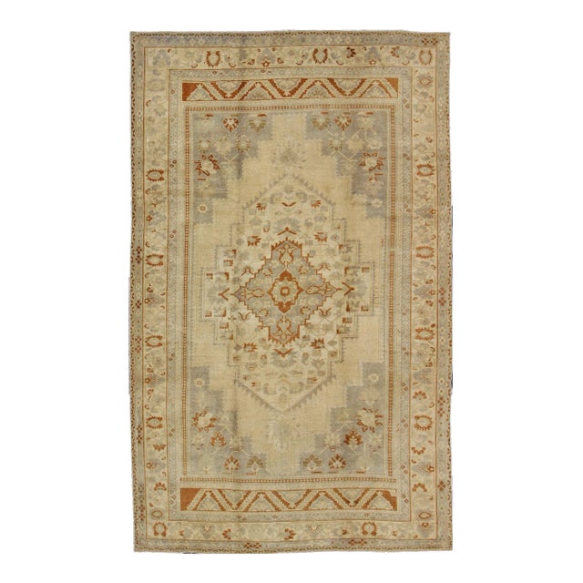 Mid 20th Century Floral Layered Medallion Vintage Turkish Oushak Rug in Cream Ivory Gray For Sale
