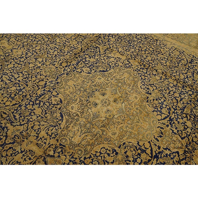 Traditional Floral-Medallion Design on Navy Background and Camel Border Color Antique Persian Kirman Rug For Sale In New York - Image 6 of 7