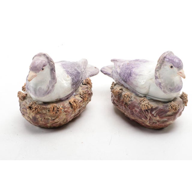 Pair Staffordshire porcelain dove tureens and covers, circa 1790. Naturalistically modelled and painted as the bird with...
