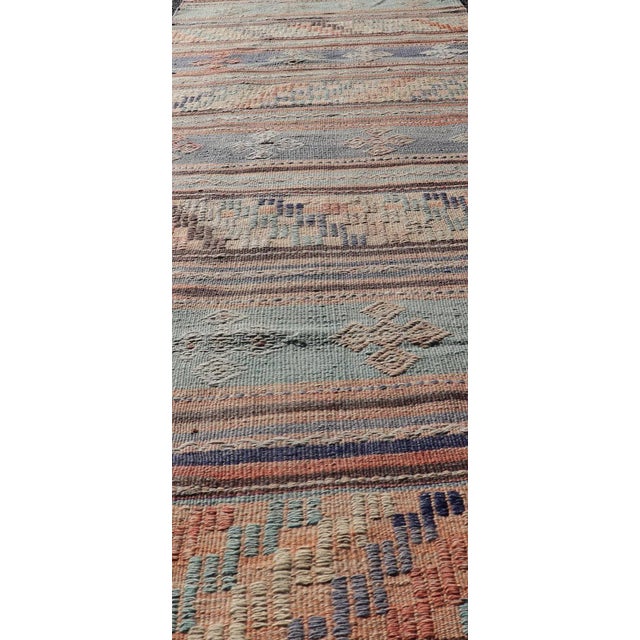 Textile Mid 20th Century Colorful Vintage Embroidered Kilim Runner With Stripe's and Geometric Motifs For Sale - Image 7 of 11