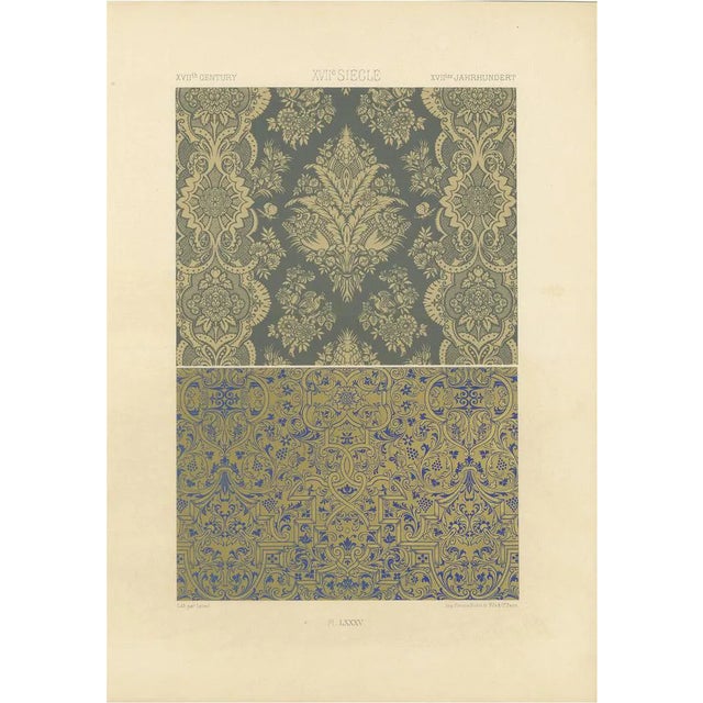 After Racinet, French Wallpaper and Textile Patterns with Damask and Scroll Motifs, 1869, Lithograph For Sale