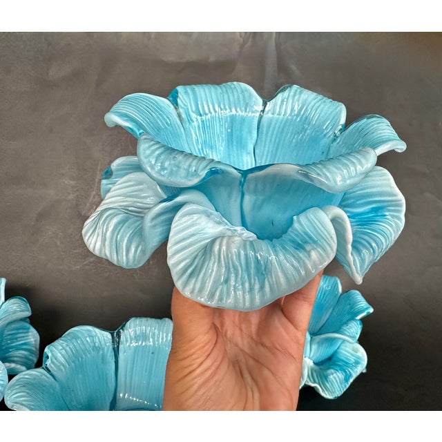 Sky Blue Fratelli Toso Italian Murano Glass Flower Petal Bowl Candle Votive Holders For Sale - Image 8 of 18