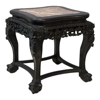 Antique Chinese Floral Carved Rosewood & Rouge Marble Top Side Table C1920 For Sale