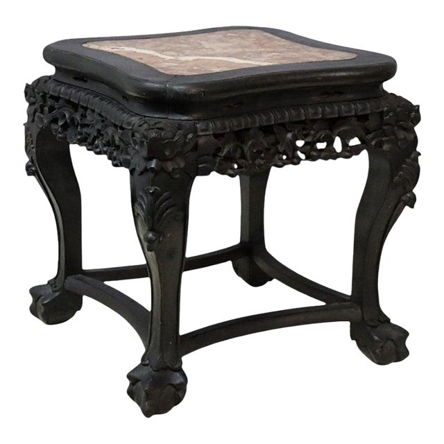 Antique Chinese Floral Carved Rosewood & Rouge Marble Top Side Table C1920 For Sale