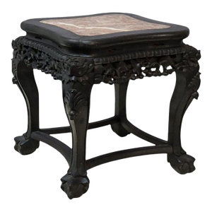 Antique Chinese Floral Carved Rosewood & Rouge Marble Top Side Table C1920