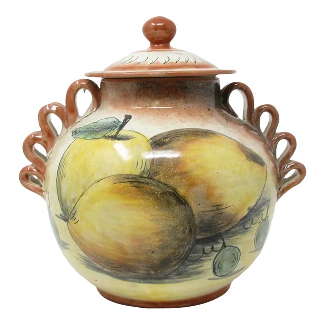 Vintage Mayolica Santa Rosa Folk Art Mexican Majolica Pottery Lidded Urn or Jar With Fruit Decoration For Sale