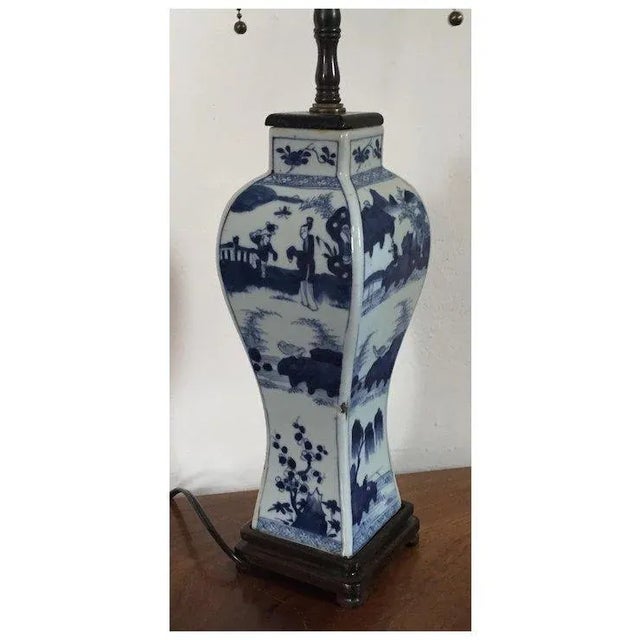 Wood Antique 19th Century Chinese Blue & White Porcelain Vase Decorated With Figures in Landscape Representing the Four Seasons Mounted as a Lamp For Sale - Image 7 of 11