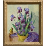 California Impressionism 1940s Irises and Parrot Still Life Oil Painting Nell Walker Warner For Sale